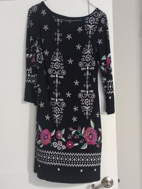 Enfocus Studio Navy Blue 3/4-Sleeve Floral Knit Dress